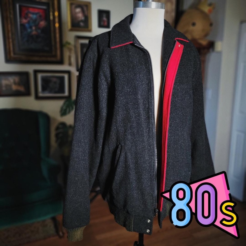 Woolrich Bomber Jacket Vintage 80s Mens Medium Grey Wool Plaid Lined USA Made